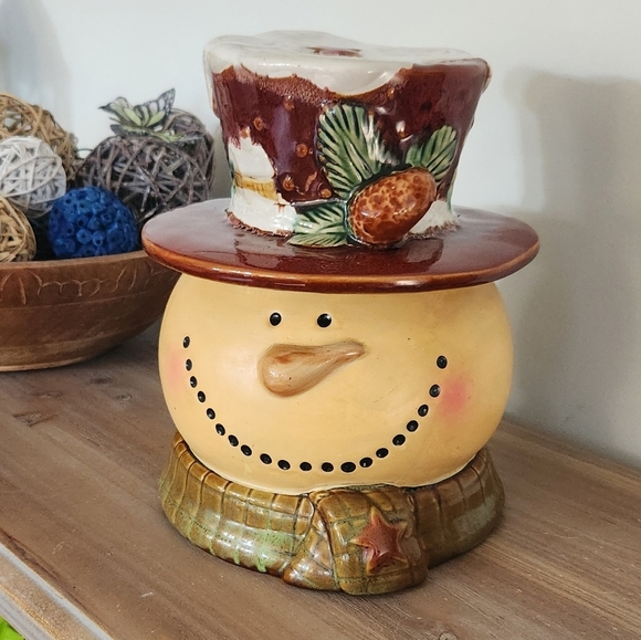 Kirklands Bohemian Style Cookie Jar Christmas, Winter, Hand Painted Ceramic - Picture 1 of 15